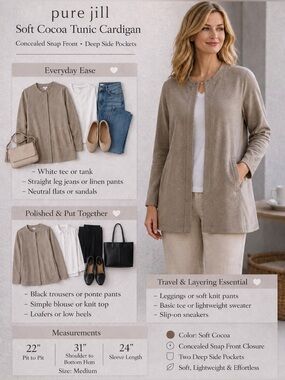 PureJill JJill Ponte Knit Snap Front Tunic Cardigan Sz Medium